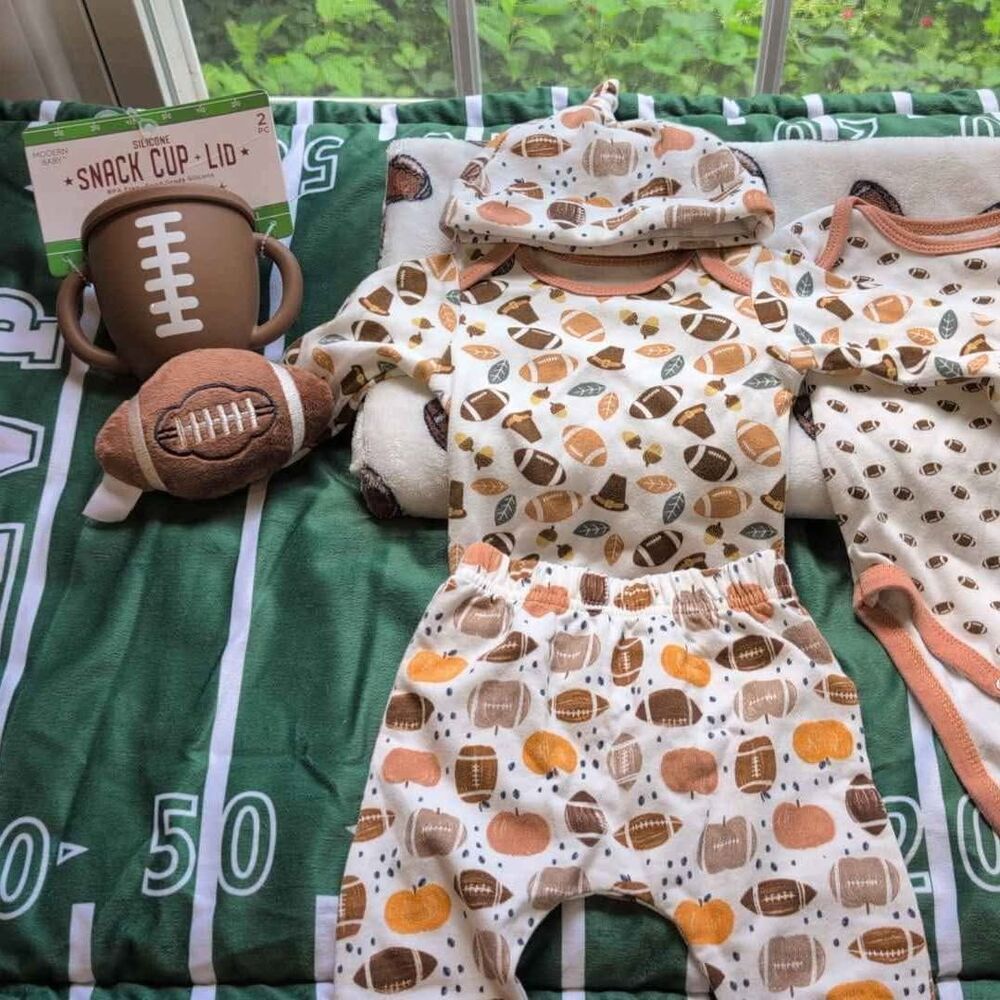 Football Baby Blanket and Clothes/Sweater Bundle CHICKPEA 0-3 Month